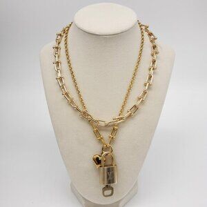 Stainless Steel Gold-Plated Necklace with Authentic Louis Vuitton Padlock